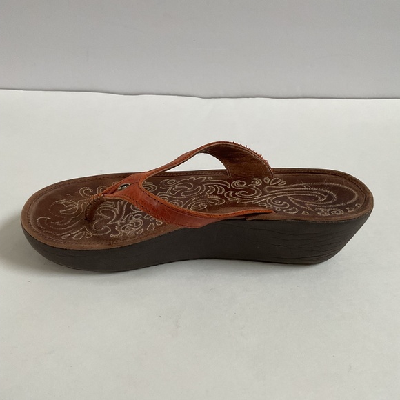 Olukai Paniolo Wedge Women’s Sz 8 Orange Brown Leather Thong Sandals - Picture 8 of 12